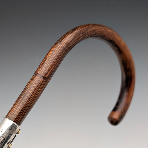 1930年頃 英国ヴィンテージ ブラウンシャフト 曲がりハンドル 純銀装飾 ステッキ 杖 89cm
